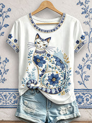 Women's Floral Cat Print T-Shirts