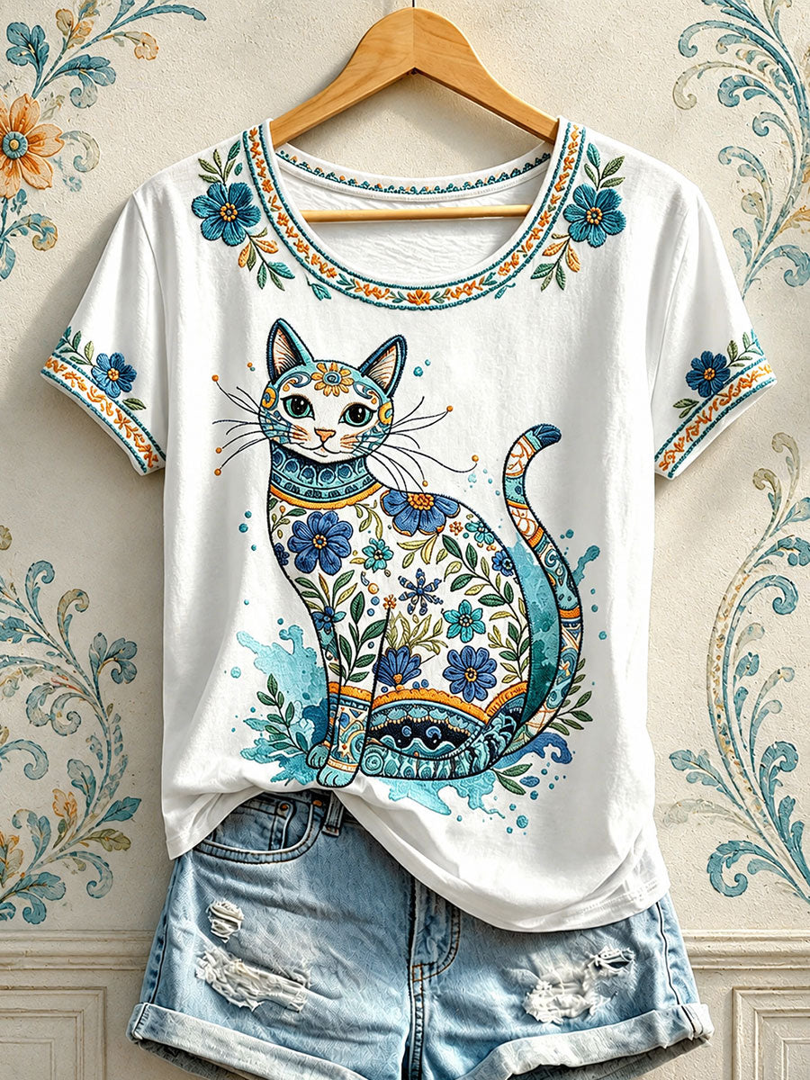 Women's Floral Cat Print T-Shirts
