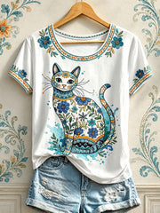 Women's Floral Cat Print T-Shirts