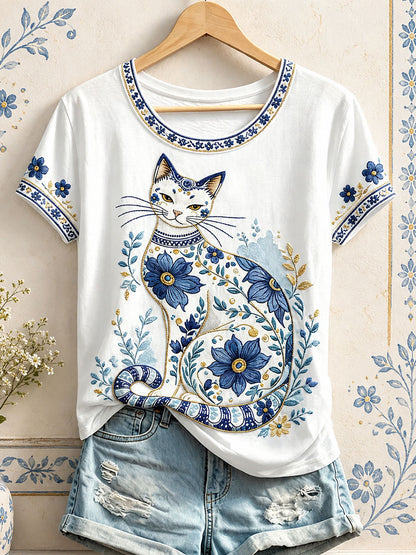 Women's Floral Cat Print T-Shirts