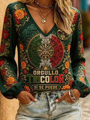 Women's Mexico Football Lover Floral Art Printed Linen Tops