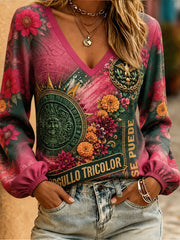 Women's Mexico Football Lover Floral Art Printed Linen Tops