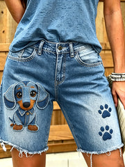 Women's Animal Dog Art Printed Short Jeans