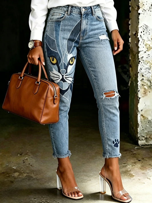 Women's Animal Cat Print Jeans