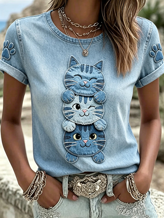 Women's Animal Cat Printed Vintage Fashion Loose Short Sleeve T-Shirt