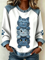 Women's Animal Cat Printed Collar Long Sleeve Sweatshirt