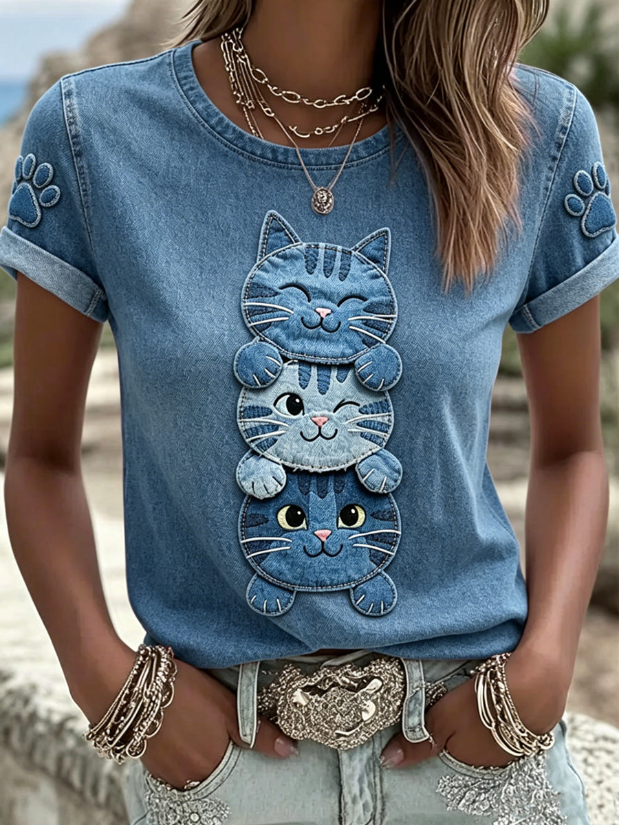 Women's Animal Cat Printed Vintage Fashion Loose Short Sleeve T-Shirt