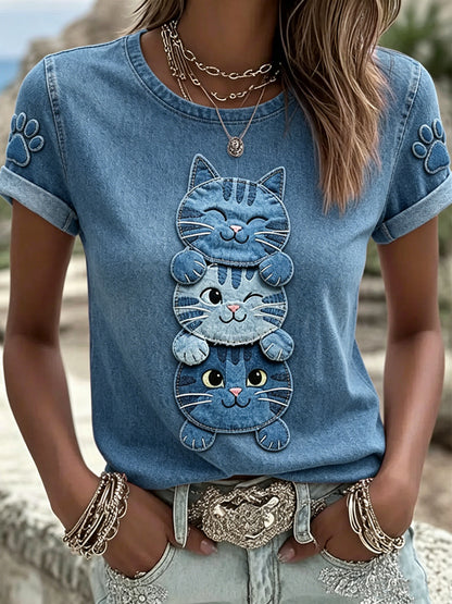 Women's Animal Cat Printed Vintage Fashion Loose Short Sleeve T-Shirt