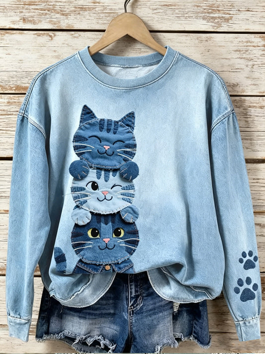 Women's Denim Animal Cat Print Round Neck Long Sleeved Sweatshirt