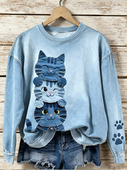 Women's Denim Animal Cat Print Round Neck Long Sleeved Sweatshirt
