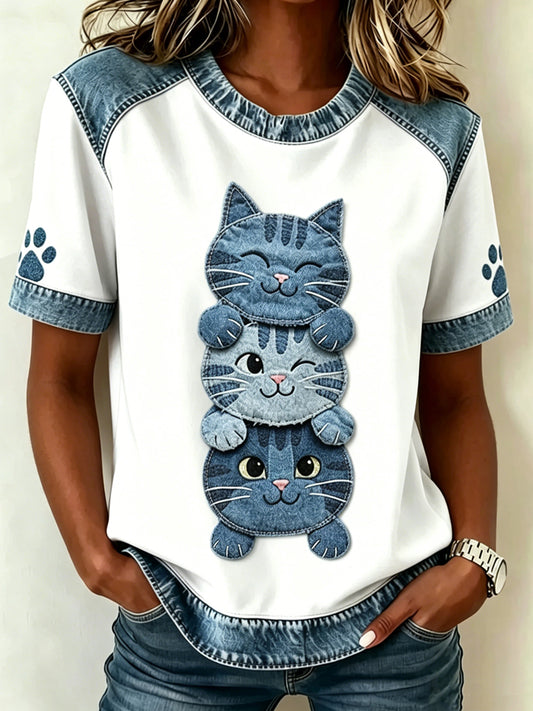 Women's Animal Cat Printed Vintage Fashion Loose Short Sleeve T-Shirt