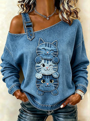 Women's Animal Cat Printed One Shoulder Casual Sweatshirt