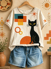 Women's Geometric Cat Art Casual Tops