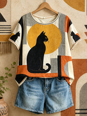 Women's Geometric Cat Art Casual Tops