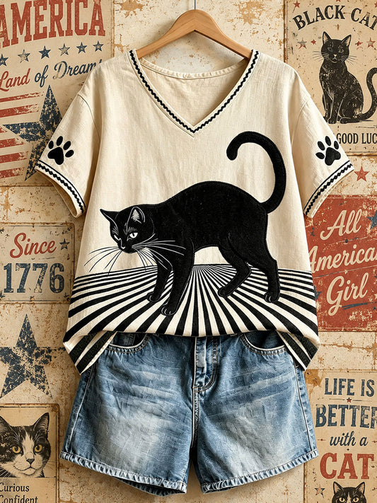 Women's American Vintage Black Cat V-Neck Tops