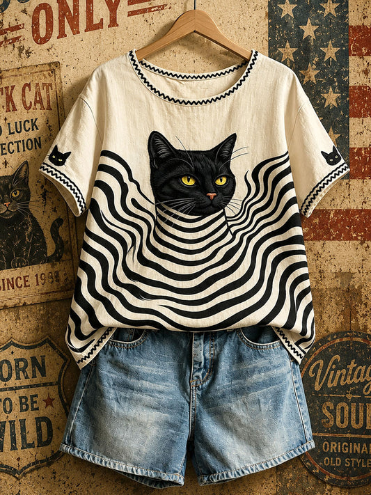 Women's American Retro Geometric Black Cat Tops