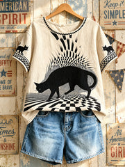 Women's American Retro Geometric Black Cat Tops