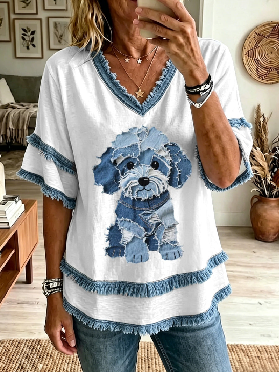 Women's Lovely Dog Denim Patchwork Art Tassel Top