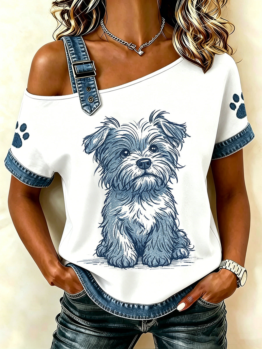 Women's Animal Dog Printed Vintage Fashion Loose Short Sleeve T-Shirt