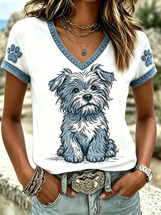 Women's Animal Dog Printed Vintage Fashion Loose Short Sleeve T-Shirt