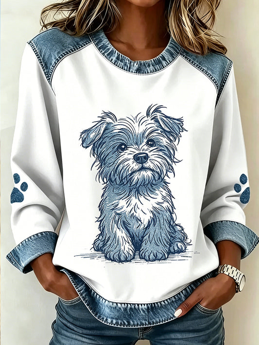 Women's Animal Dog Print Patchwork Long Sleeved Sweatshirt