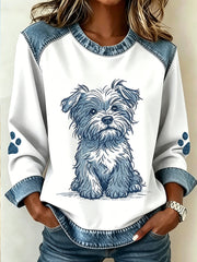 Women's Animal Dog Print Patchwork Long Sleeved Sweatshirt
