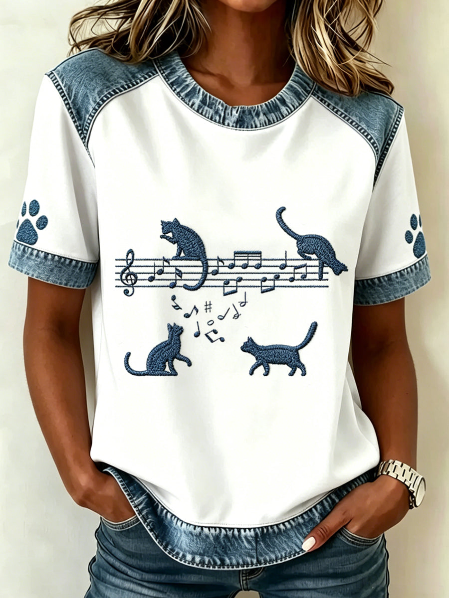 Women's Animal Music Cat Printed Vintage Fashion Loose Short Sleeve T-Shirt