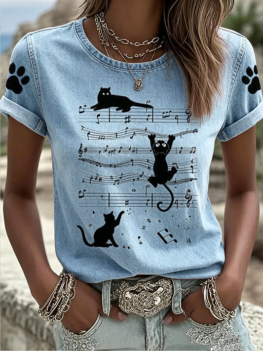 Women's Animal Music Cat Printed Vintage Fashion Loose Short Sleeve T-Shirt