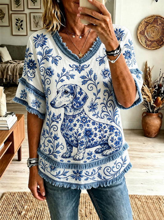 Women's Dachshund Floral V-Neck Tops