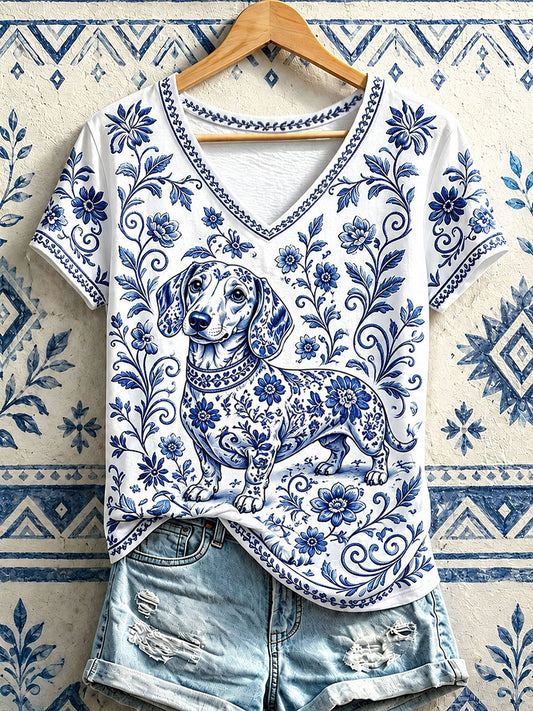 Women's Sausage Dog Floral V-Neck T-Shirts