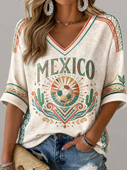 Women's Mexican Soccer Fan V-Neck Top with Aztec Totem Art Print