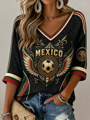 Women's Mexican Soccer Fan V-Neck Top with Aztec Totem Art Print