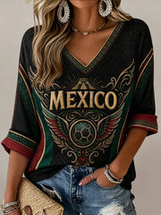 Women's Mexican Soccer Fan V-Neck Top with Aztec Totem Art Print