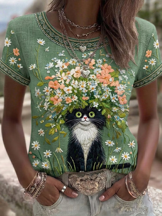 Women's Cat Floral Art Pattern Crew Neck Short Sleeve Linen Top