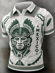 Men's Mexican Football-Themed Polo Shirt With Aztec Totem Art Print
