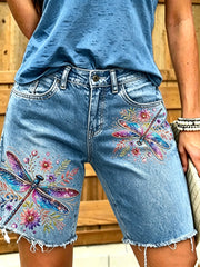 Women's Animal Dragonfly Art Printed Short Jeans
