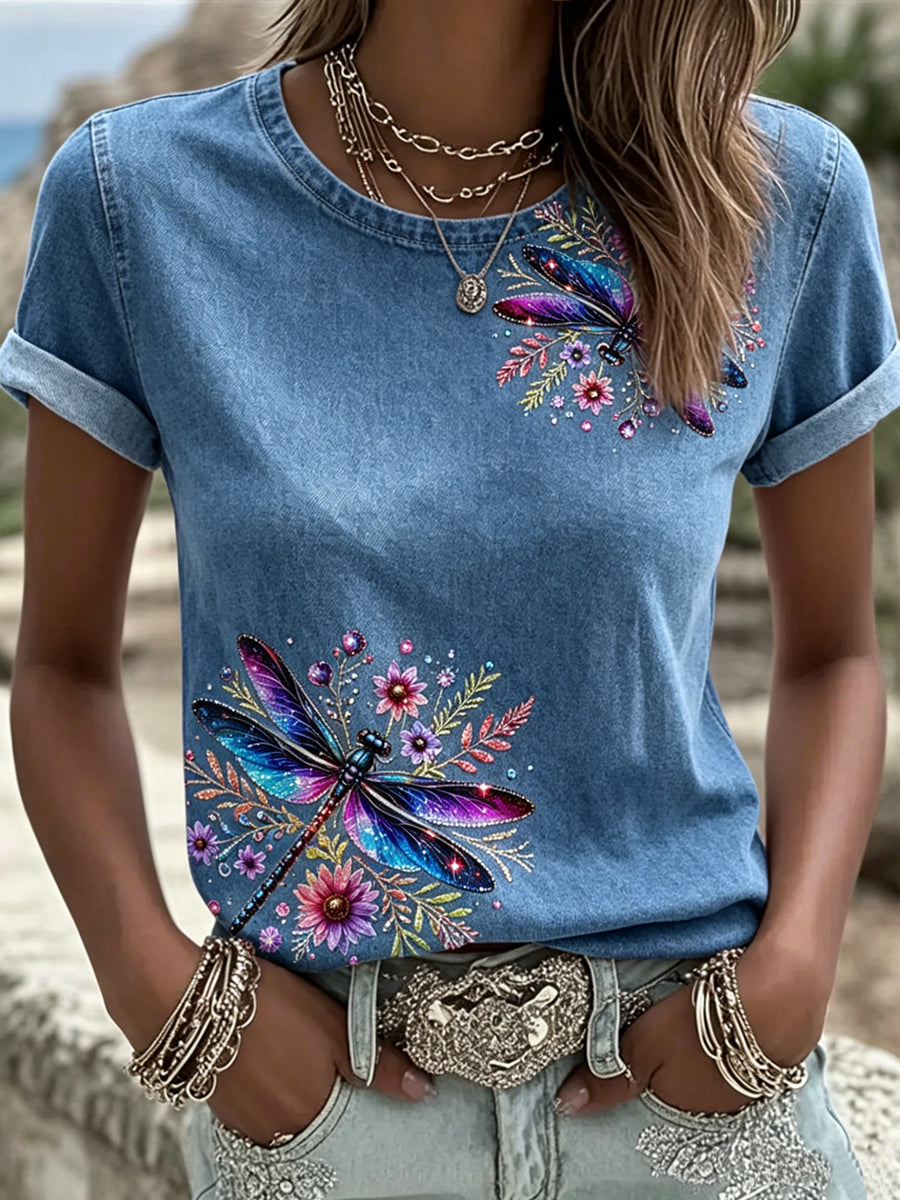 Women's Dragonfly Printed Vintage Fashion Loose Short Sleeve T-Shirt