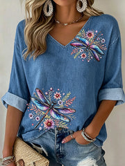 Women's Dragonfly Printed V-neck Mid-Sleeve Casual T-shirt