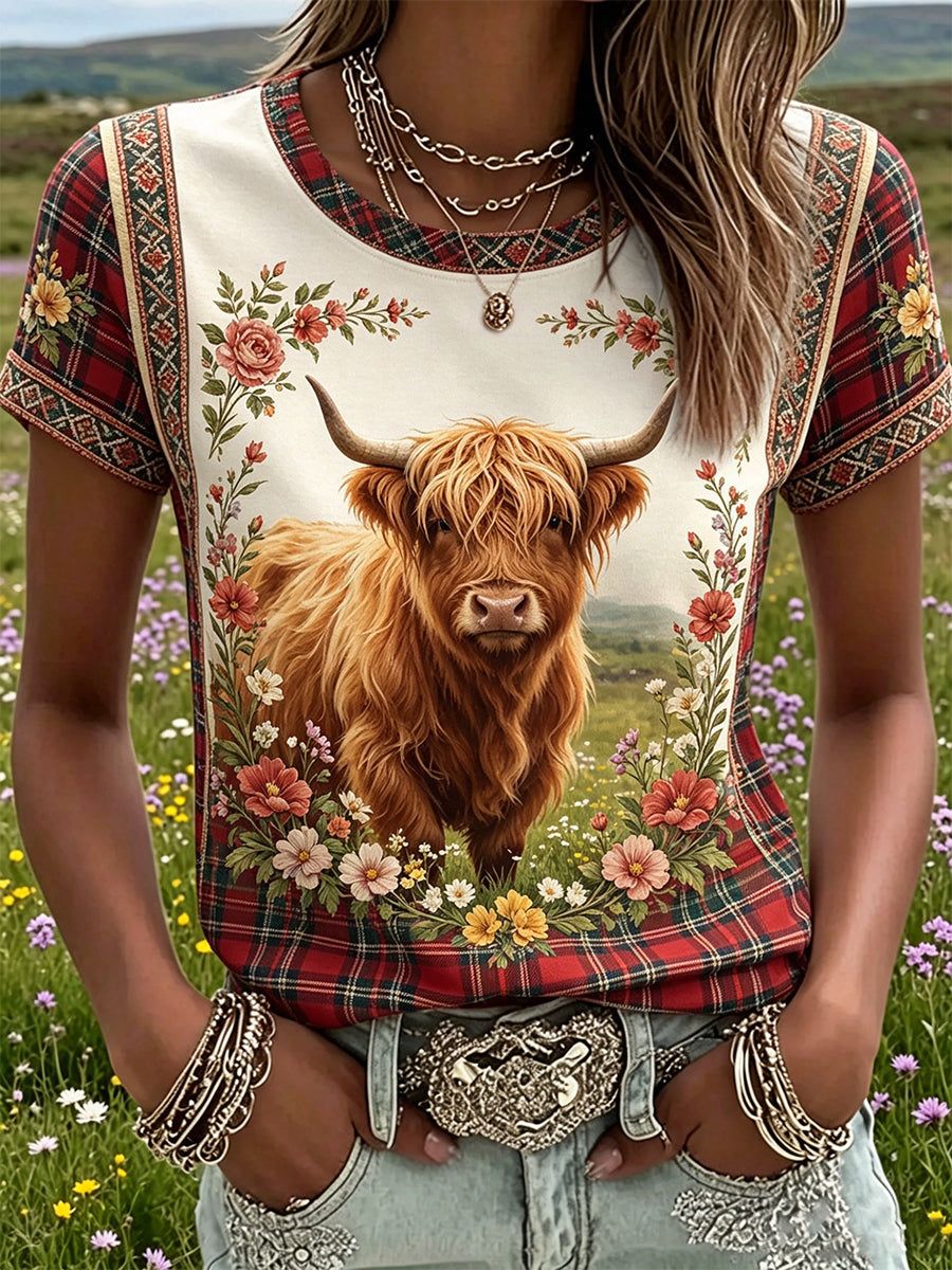 Women's Highland Denim Plaid Print T-shirt
