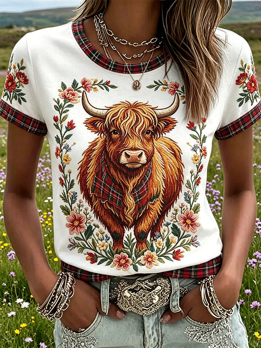 Women's Highland Denim Plaid Print T-shirt