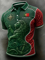 Men's Portugal Football Match-Themed Polo Shirt With Embossed-Texture Art Print