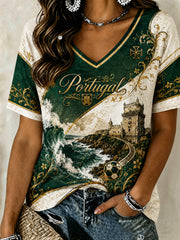 Women's Portugal Football Match Cheering Art Print V-Neck Top