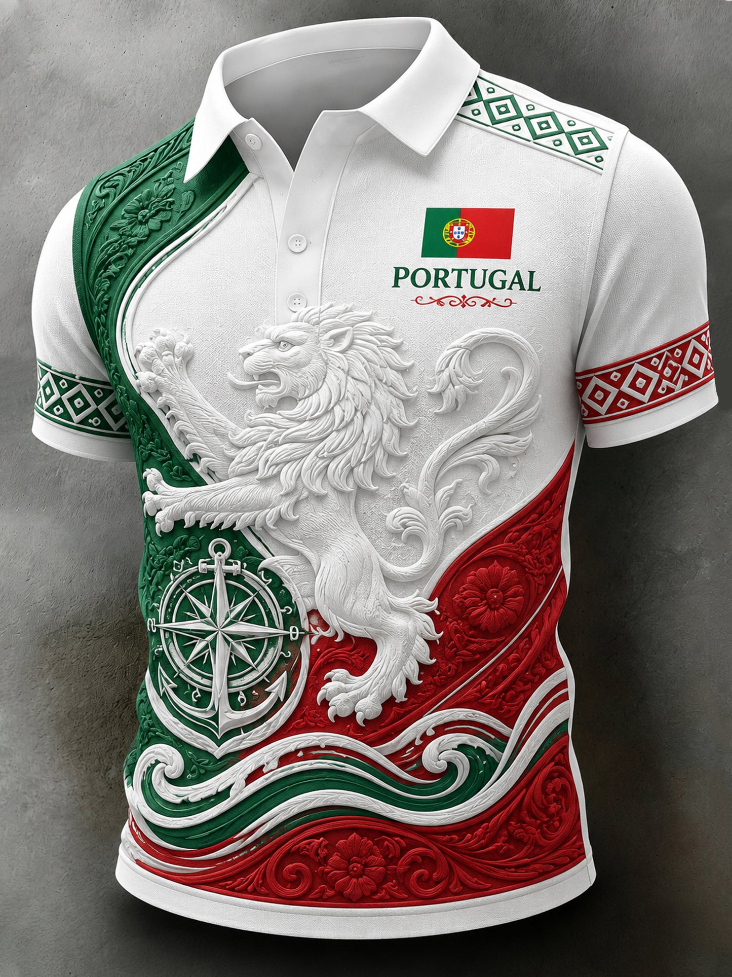 Men's Portugal Football Match-Themed Polo Shirt With Embossed-Texture Art Print