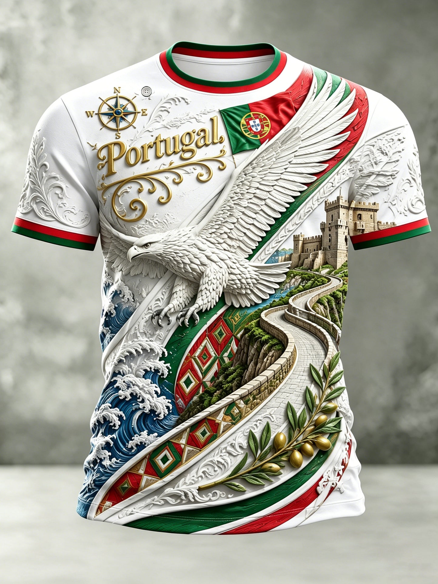 Men's Portugal Football Match Cheering T-Shirt With Embossed-Texture Art Print