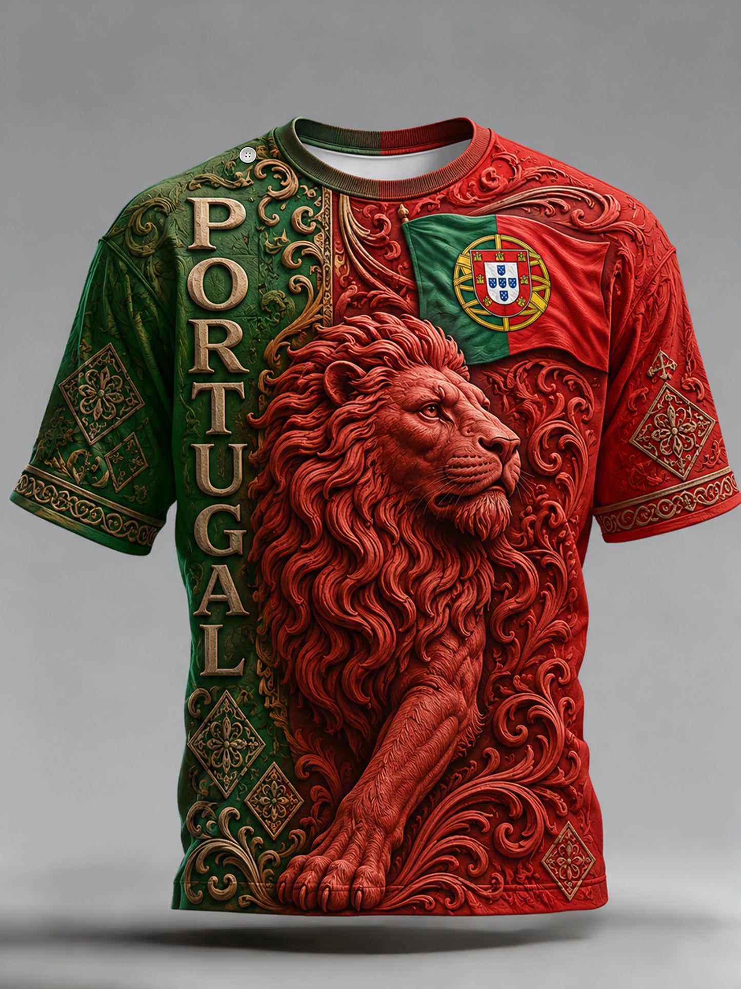 Men's Portugal Football Match Cheering T-Shirt With Embossed-Texture Art Print
