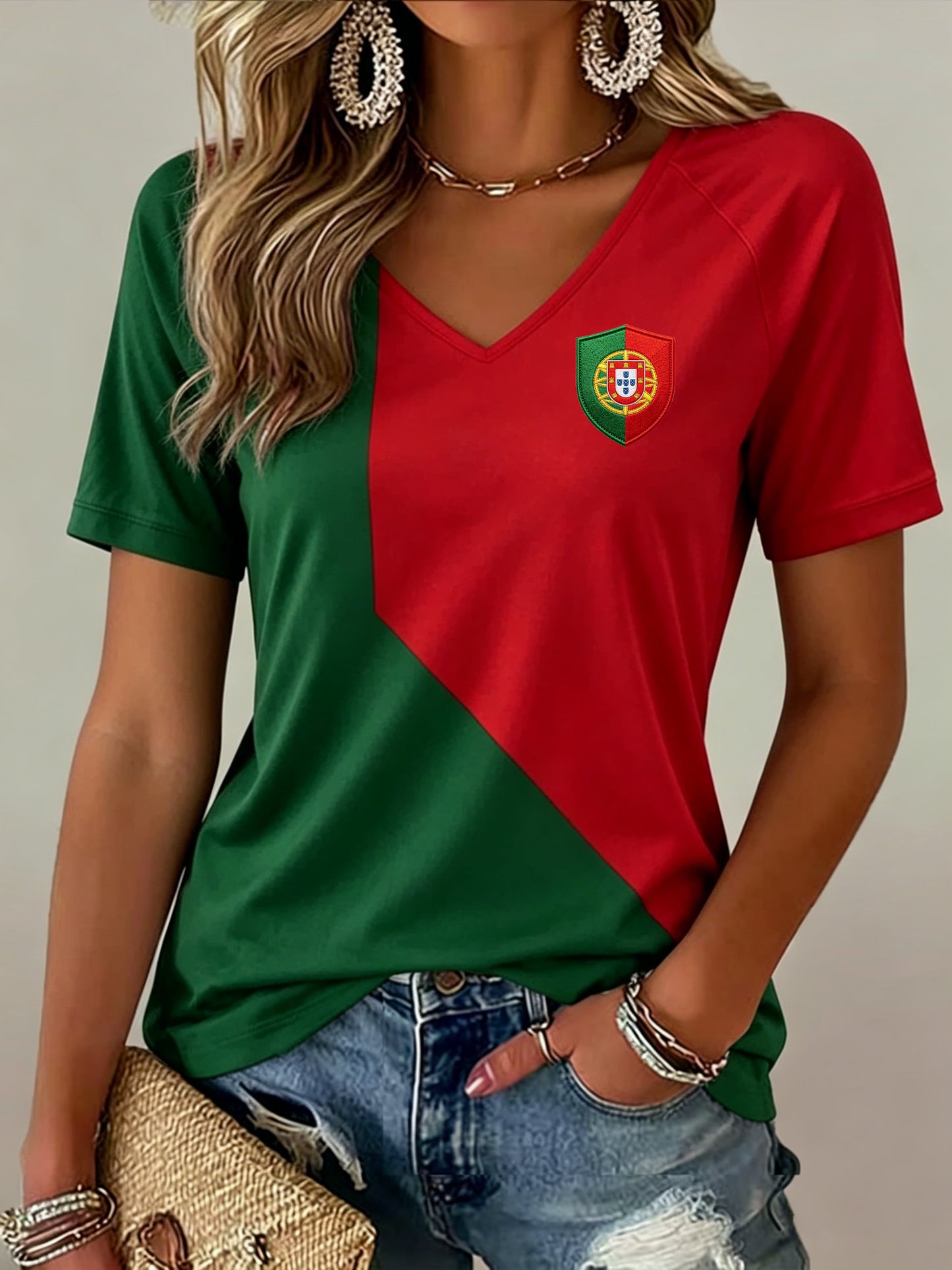 Women's Portugal Football Match Cheering Art Print V-Neck Top