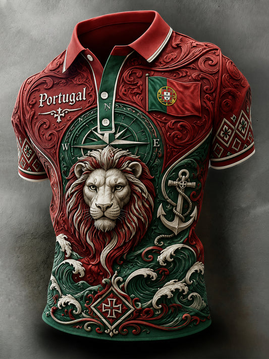 Men's Portugal Football Match-Themed Polo Shirt With Embossed-Texture Art Print