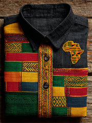 Men's Juneteenth Africa Map Ethnic Kente Patchwork Print Short Sleeve Shirt