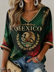 Women's V-Neck Top With Mexican Soccer Cheering Art Print