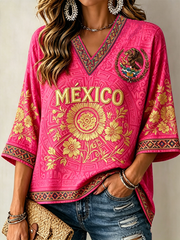 Women's Mexico Proud Art Printed Mid-length Sleeves V-Neck T-Shirt